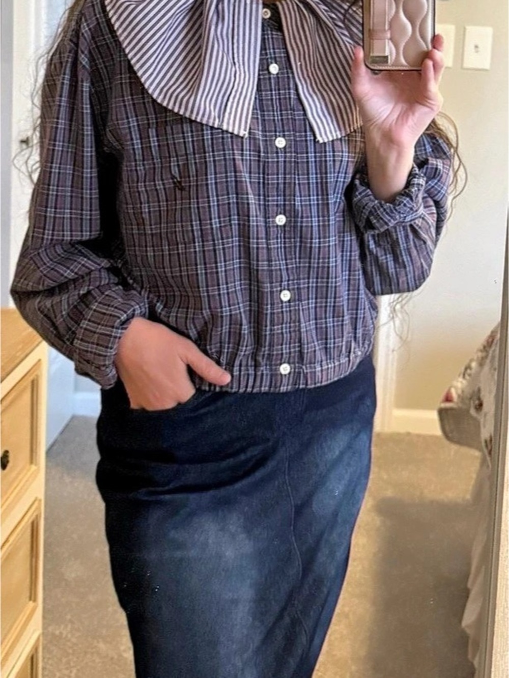 Upcycled Nautica Plaid Long Sleeve Button Down Shirt in Purple & Black